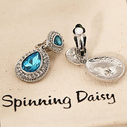 Spinningdaisy Clip On Earrings for Women | Non Pierced Earrings for Wedding - color: Tear Drop Aqua