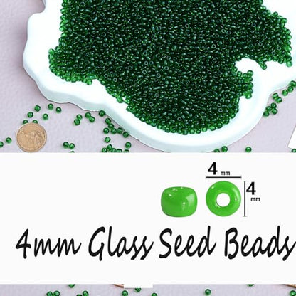Legefo 4mm Glass Seed Beads Bulk, Green Transparent 6/0 Small Mini Pony Seed Beads, Tiny Round Craft Bead for Bracelet Necklace Wrist Jewelry Making Beading Weaving DIY Crafts Supplies, 1000pcs - color: Green Transparent