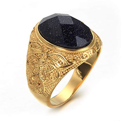 Retro Unisex Stainless Steel Oval Gemstone Hollow Flower Carved Signet Ring - color: Gold-Blue