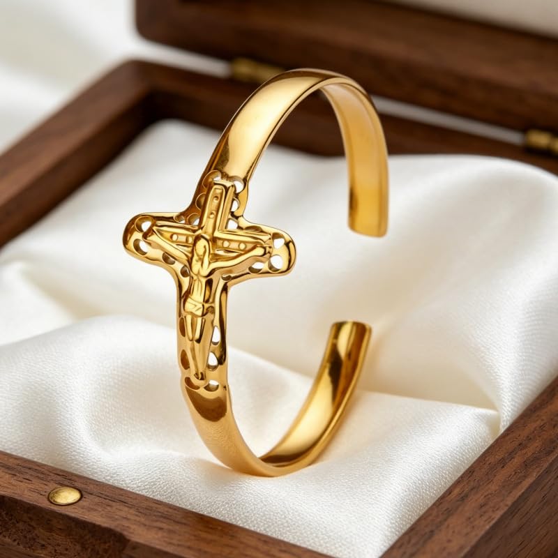 Gold Statement Cuff Bracelet Ankh Cross - Waterproof Stainless Steel Open Bangle Hypoallergenic Egyptian Key of Life Jewelry, Adjustable Protection Amulet for Women Men - color: Gold Jesus