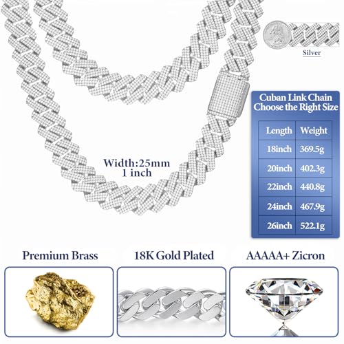 Ucciyo 30MM/25MM Cuban Link Chain for Men, Luxury Iced Out Diamond Chain | Luxurious Diamond-Simulated, Large Miami Cuban Style, 18K Gold Plated - color: 25MM-Silver, size: 26 Inch