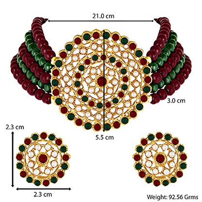Aheli Pearl Diamond Choker Necklace & Round Earrings Gift for Women Indian Traditional Bollywood Fashion Bharatanatyam jewellery set - color: Green & Red