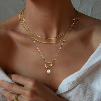 Gold Layered Necklaces for Women, 14K Gold Plated Paperclip Snake Chain Necklace Set, Dainty Coin Cross Tear Pendant Layering Choker Necklaces, Simple Trendy Stackable Jewelry Gifts - color: 3PCS / Pearl Necklace & 2 Chains