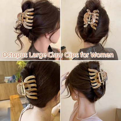 FRDTLUTHW 2PCS 3.74Inch Large Cellulose Acetate Octopus Hair Claw Clips for Women,Jumbo Tortoise Shell Hair Clamps for Thin Thick Hair,Non-slip Strong Hold Jaw Barrettes,Hair Accessories for Styling