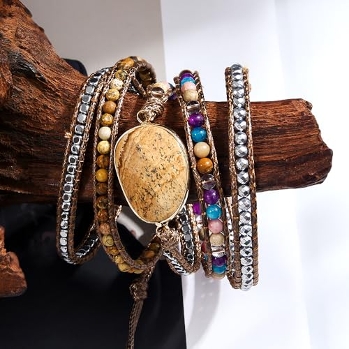 Women Wrap Bracelet Boho Natural Jasper Crystal Stone Beads Strand Bracelets - color: Style 09-Picture Stone