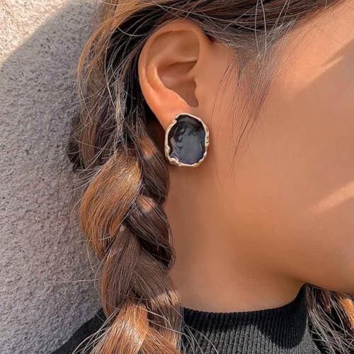 Statement Big Chunky Gold Black Two-tone Enamel Drip Ring Earrings Set for Women, Retro Large CZ Crystal Cocktail Rings Earring Geometric Jewelry Gift - color: Gold-3Pcs