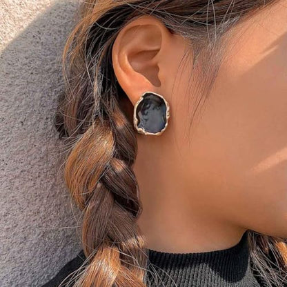 Statement Big Chunky Gold Black Two-tone Enamel Drip Ring Earrings Set for Women, Retro Large CZ Crystal Cocktail Rings Earring Geometric Jewelry Gift - color: Gold-3Pcs