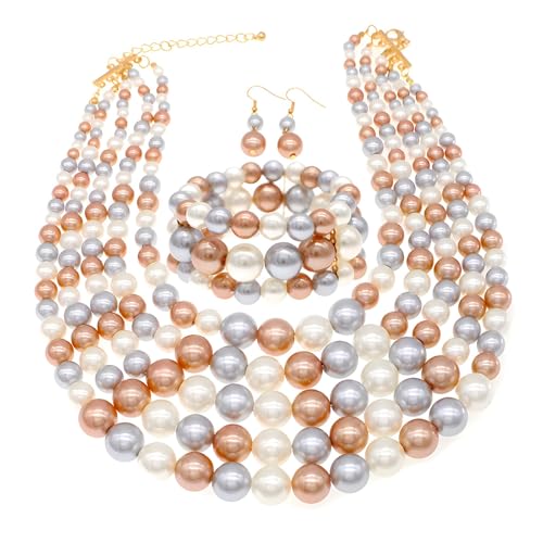 Faux Big Pearl Srand Necklaces for Women 5 Layers Pearls Choker Bib Collar Necklace Bracelet and Earrings set 1920s Costume Pearl Jewelry Bridal Wedding - color: colorful champagne