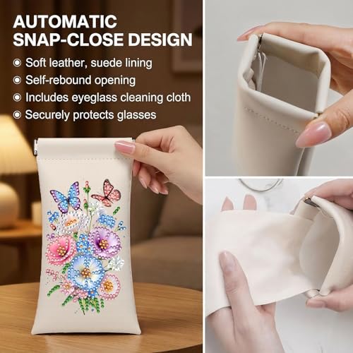 Diamond Art Painting Eye Glass Bag PU Sunglasses Glasses Storage Bag Built-in Glasses Cloth Press Automatic Closure - color: Flowers02