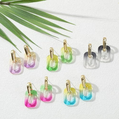 5 Pairs Acrylic Geometric Drop Earrings for Women, Colorful Mix | Colorful acrylic rounded rectangle drops with stainless steel posts; 3.0 x 1.5 cm, 3.2 g per pair, five-pair set