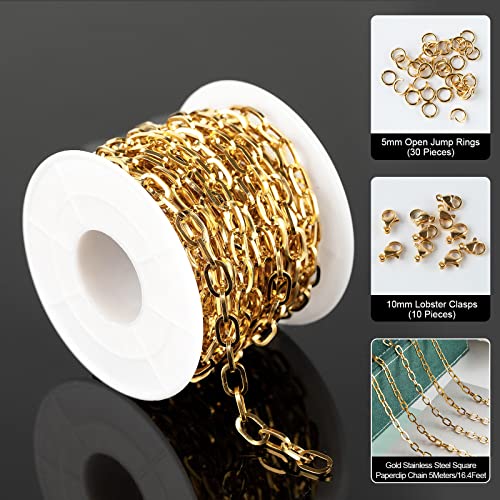 UMAOKANG 16.4 Feet Gold Plated Link Chain for Jewelry Making Stainless Steel Paperclip Chain Bulk with Jump Rings Lobster Clasps for Jewelry Bracelet Necklace Choker Making Supplies - color: Gold Square