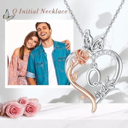 TOUPOP Gifts for Women Her 925 Sterling Silver Rose Heart Initial Necklace Butterfly Heart Jewelry Anniversary Birthday Gifts for Wife Girlfriend Mom - color: Q Initial