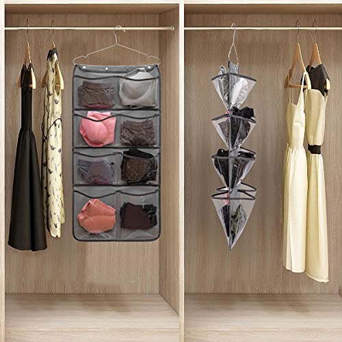 Dual Sided Hanging Closet Organizer Durable Socks Stocking Clothes Bra Accessories Storage Bag With 16 Large Pockets (Clear PVC Pockets)