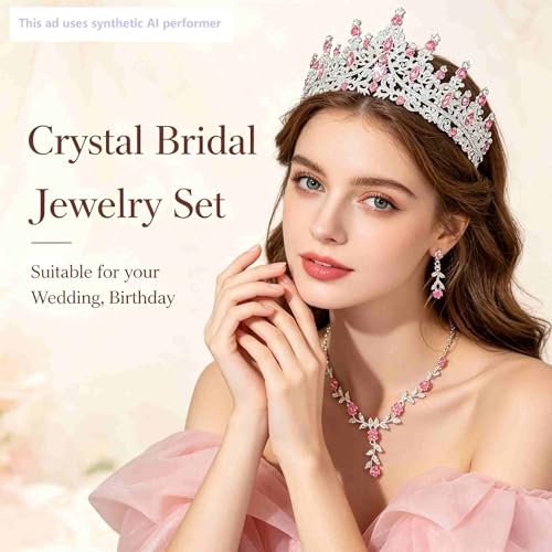 Kamirola Tiaras and Crowns for Women,Tiaras Earrings Necklace, Crystal Bridal Jewelry Set (TR48) - color: Pink Silver