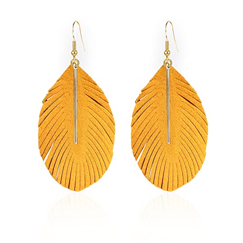 YUNXI Large Genuine Soft Leather Handmade Fringe Feather Lightweight Leaf with Simple Drop Metal Bar Tear Drop Dangle Color Earrings for Women - color: Yellow