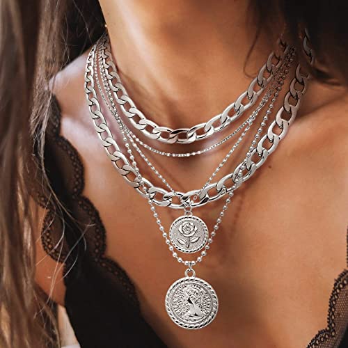 MJartoria Gold Layered Necklaces for Women Trendy Retro Birthflower Coin Pendant Necklace Dainty Chunky Chain Choker Necklaces for Jewelry Birthday Gifts - color: Silvery, style: June Birthflower-Rose