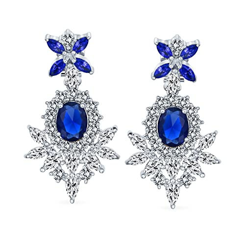 Cocktail Leaf Motif Multi Color CZ Chandelier Clip-On Earrings Silver Plate - color: Blue
