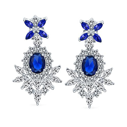 Cocktail Leaf Motif Multi Color CZ Chandelier Clip-On Earrings Silver Plate - color: Blue