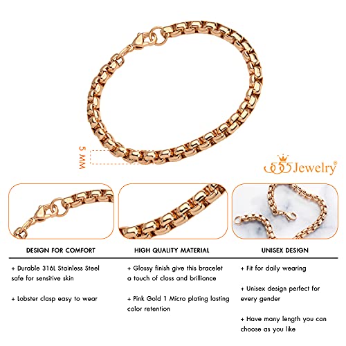 555Jewelry 5mm Stainless Steel Box Chain Bracelet for Men & Women, 6.5 to 9 Inch - color: Rose Gold