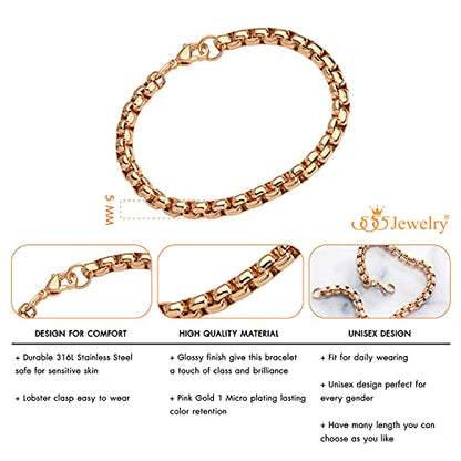 555Jewelry 5mm Stainless Steel Box Chain Bracelet for Men & Women, 6.5 to 9 Inch - color: Rose Gold