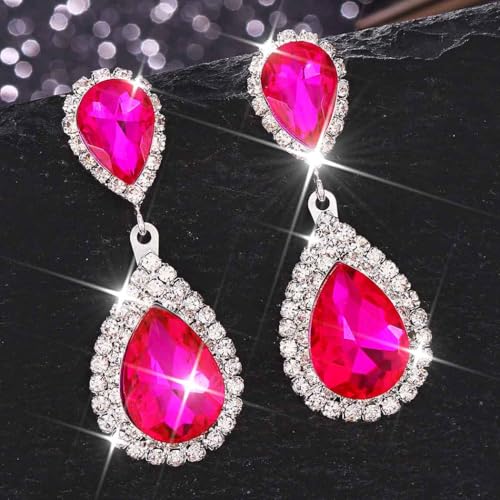 Unicra Silver Rhinestone Teardrop Earrings Crystal Wedding Bridal Dangle Earrings Prom Drop Earrings for Women and Brides - color: Hot Red