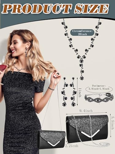 Henoyso 5 Pcs Purse Rhinestone Jewelry Set Prom Jewelry Rhinestone Clutch Purse Necklace Earrings Bracelets for Women Bride - color: Black