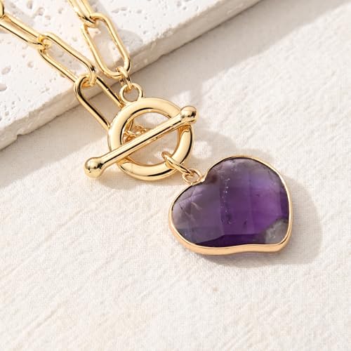 14K Gold Plated Two Sides Carved Stone Heart Shape Necklace for Women Love Pendant Necklace Jewelry for Daily and Gifts - color: Amethyst
