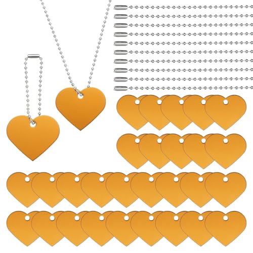 PATIKIL 60 Pcs Blank Dog Tags Set, Including 30 Pcs Aluminum Metal Stamping Heart Shape Label 30 Pcs Ball Steel Chain for DIY Decor Laser Engraving Necklace, Gold Tone - color: Gold Tone