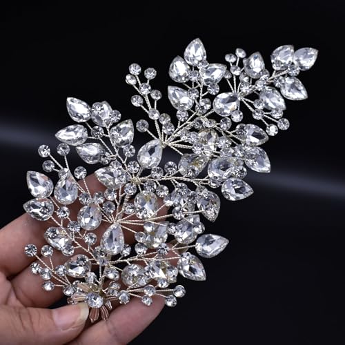 2 PCS Wedding Headpiece for Bride, Handmade Bridal Hair Accessories, Rhinestone Bride Headband - color: Silver-P