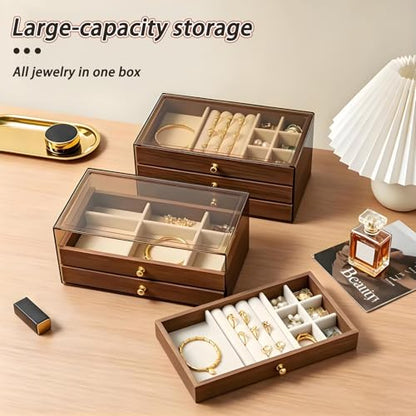 3-Layer Wood Grain Jewelry Box with mezzanine, Stackable Jewelry Organizer with Velvet Lining, Dustproof Jewelry Storage Case for Rings, Necklaces, Earrings, Bracelets (12)