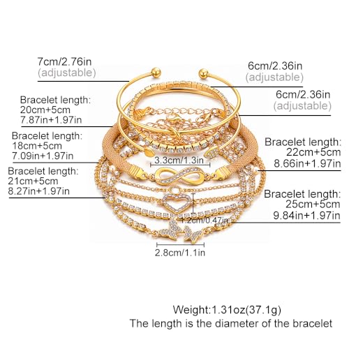Golden Bangle Bracelets Set for Women, 14k Gold-Plated Multi Layer Stackable Cuff Bracelets, Personalized Boho Non Tarnish Adjustable Bangle Jewelry Gift for Her - color: 8PCS Gold Heart Bracelet