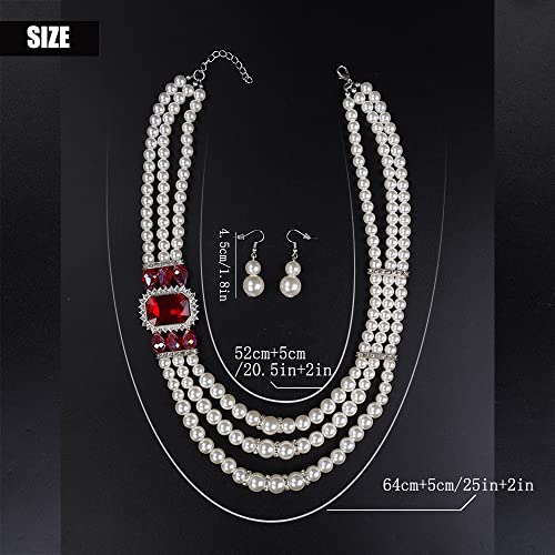 Aimimier 1920s 3-layered White Faux Pearl Necklace and Earrings Set with Crystal and Rhinestone Bridal Long Pearl Necklace Statement Women Jewelry - color: Ruby
