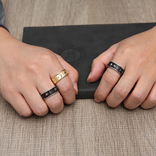 HZMAN 8mm Moon Star Sun Statement Ring Stainless Steel Boho Jewelry for Women Men - color: Three Color Moon Star Sun Ring