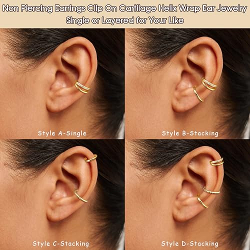Ear Cuff Earrings for Women 14K Gold Plated Ear Cuffs Non Piercing Clip on Cartilage Earring Trendy Fake Earrings Hypoallergenic Huggie Hoop Clip Cuff Earring Lightweight - color: gold-twisted A