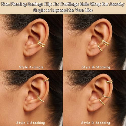 Ear Cuff Earrings for Women 14K Gold Plated Ear Cuffs Non Piercing Clip on Cartilage Earring Trendy Fake Earrings Hypoallergenic Huggie Hoop Clip Cuff Earring Lightweight - color: gold-twisted A