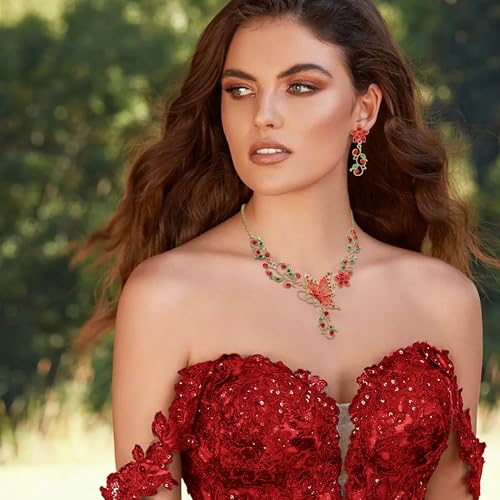 EleQueen Women's Crystal Butterfly Flower Leaf Necklace Earrings Set | Crystal Jewelry Set for Brides Bridesmaids, Necklace Set for Party - color: Gold-Tone Red Ruby Color