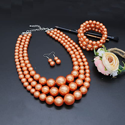 We We Imitation Pearl Necklace for Women Large Chunky Pearl Necklaces Multilayer Pearl Necklace and Earring 1920s Costume Jewelry set - color: orange pearl necklace set