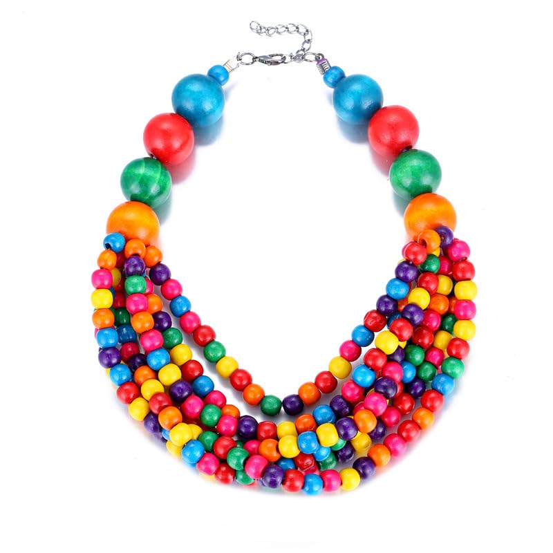 COLORFUL BLING Boho African Wooden Beaded Strands Necklace Ethnic Layered Chunky Collar Choker Wood Necklace for Women Hip Hop Statement Jewelry - color: colorful
