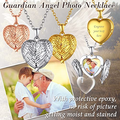 FindChic Locket Necklace for Women Custom Photo Memorial Gifts 4 Colors | Silver/Black/Rose Gold/Gold Plated Personalized for Loved Ones, Birthday Valentine's Day Keepsake - style: 02. Angel Wing 2-Gold