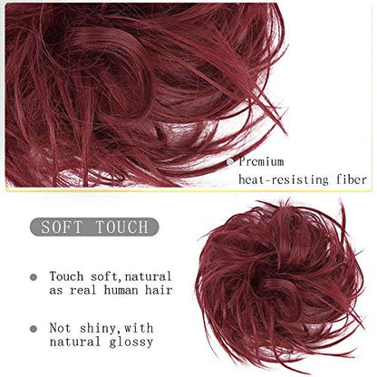 HMD Tousled Updo Messy Bun Hair Piece Ponytail Hairpieces for Women | Synthetic Hair Extension Ponytail with Elastic Rubber Band, Messy Hair Bun Scrunchies for Daily Party - color: Berry Red