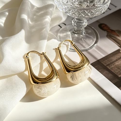 Acrylic Gold Hoop Earrings Chunky Hoop Dangle Drop Huggie Earring Statement Resin Jewelry for Women - color: White