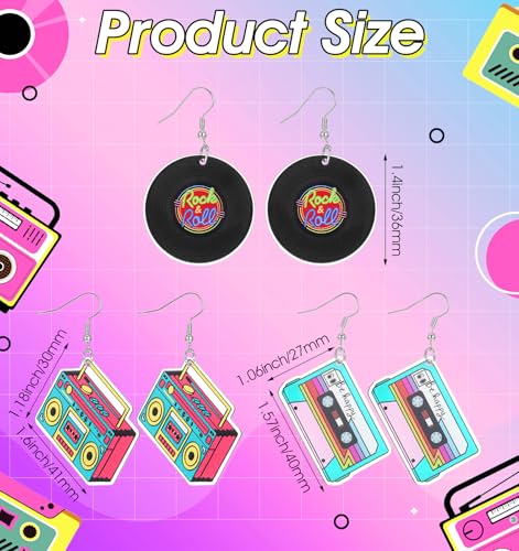 3Pairs 80s Earrings for Women Retro, Retro Cassette Tape Hoop 80s Earrings for Women, Lightweight Acrylic Dangle Earring for Costume & Party (Candy Colors)