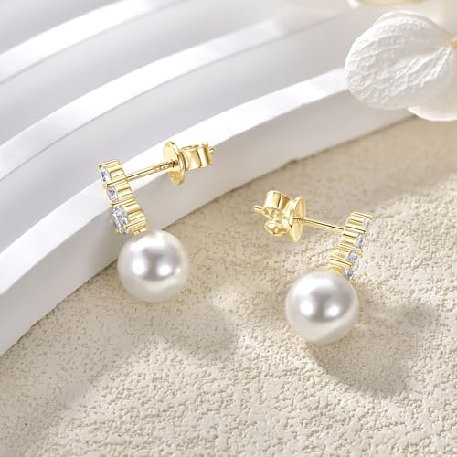 925 Sterling Silver Pearl Drop Earrings for Women, June Birthstone Long Dangle Pearl Jewelry Gifts for Her - color: 7.5-8mm Gold