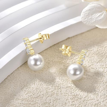 925 Sterling Silver Pearl Drop Earrings for Women, June Birthstone Long Dangle Pearl Jewelry Gifts for Her - color: 7.5-8mm Gold