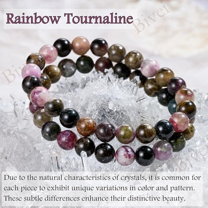 Bivei 8mm Beaded Bracelets for Women Handmade Semi Precious Natural Stone Stretch Elastic Jewelry Yoga Protection Gifts - color: Rainbow Tournaline - Balance, size: Medium 6.8-7.3 inch