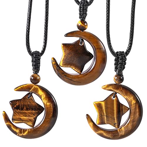 TUMBEELLUWA Hand Carved Crystal Crescent Moon Star Pendant Necklace | Celestial Sacred Symbol Talisman, Healing Crystal Necklace, Adjustable Cord, Attract Good Luck Positive Vibes - color: Brown