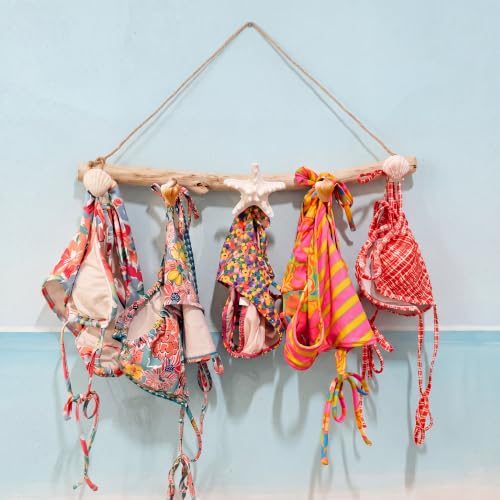 Novabright 16 Inch Bikini Hanger for Wall Seashell Bikini Rack Wall Mounted Swimsuit Organizer with Seashell Accents Coastal Swimwear Storage Rack for Beach Bathrooms Closets Vacation Homes - style: Tropical Ocean