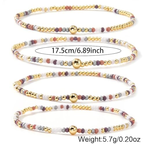 Seed Beaded Stack Bracelets Set for Women,Small Boho 4Pcs Colorful Handmade Dainty Trendy Gold Stretch Accessories Jewelry, Summer Daily Party Friendship Gift - color: Purple Gray