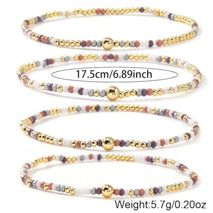Seed Beaded Stack Bracelets Set for Women,Small Boho 4Pcs Colorful Handmade Dainty Trendy Gold Stretch Accessories Jewelry, Summer Daily Party Friendship Gift - color: Purple Gray