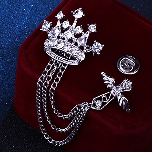 Collar Chain Pin for Men and Women - Hanging Tassel Brooch Lapel Pin for Business Suits - Bar Pin With Long Chain - Gifts - color: H: crown silver